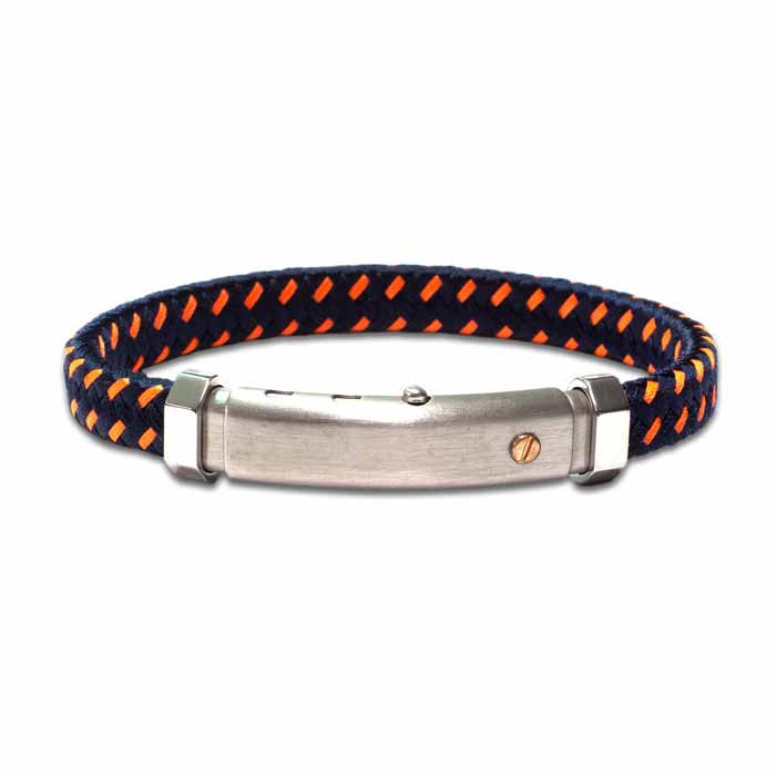 Armband met rvs staal en polyester zwart met oranje, 18 karaat roségouden detail.