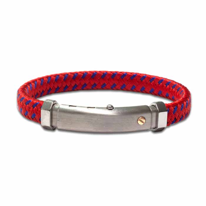 Armband polyester rood en blauw met rvs staal en 18 karaat rosegoud