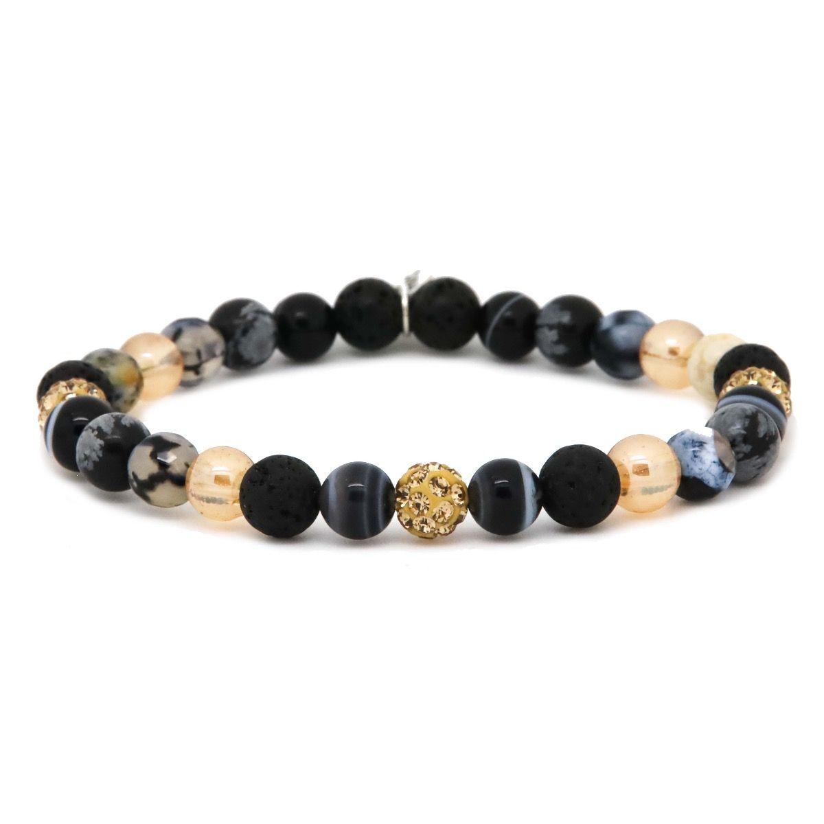 De Karma 80062EL Spiral LOLA XS Elastic - Armband is een natuurstenen Karma armband geregen op elastiek met meerkleurige stenen. De glinster beads hebben een goudkleur en de overige kleuren zijn zwart, grijs en creme.