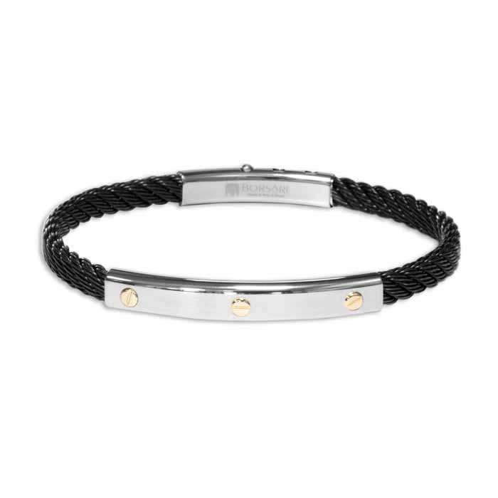 Zwart stalen armband met rvs sluiting en 18 karaat rosé gouden details