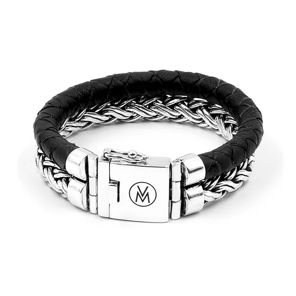 Van Mispelaar armband duo S met zwart leer en zilveren armband en sluiting.