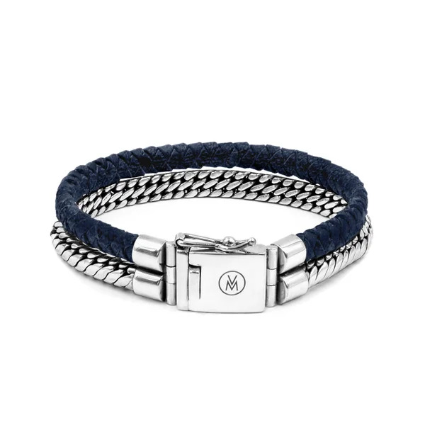 Van Mispelaar armband Duo L Small met blauw leer en zilveren sluiting met zilveren  armband en sluiting.