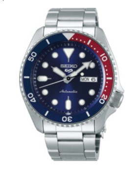 Seiko 5 sports heren pols horloge Automaat staal met stalen band hardlex mineraal glas en blauw met rode kanst ring. 10 ATM waterdicht.