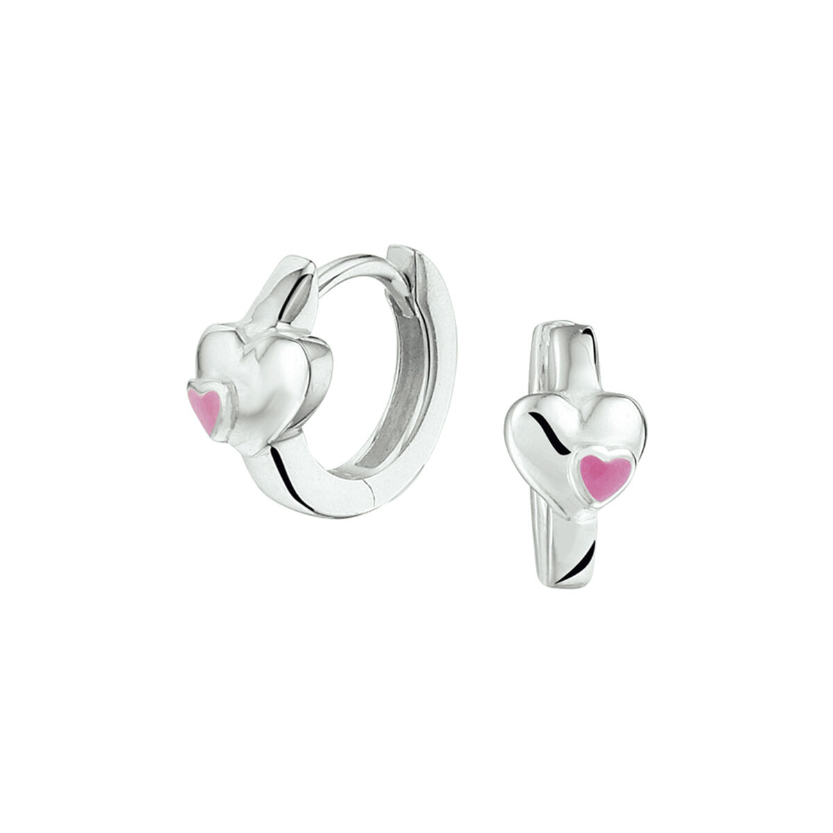 Schattige zilveren klapoorringen uitgevoerd met een hart van 5x5.5mm en roze emaille. Tip: Leuk om kado te geven! Zie je ze al stralen?