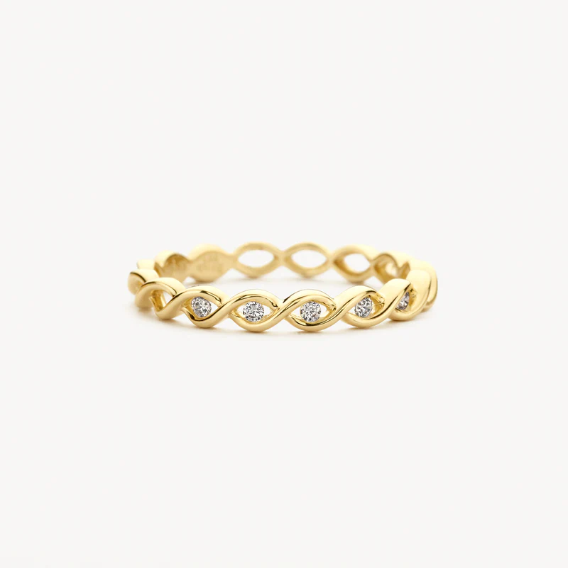 Een fantasierijk schakelontwerp van 14k geel- en witgoud bezet met schitterende zirkonia maakt van deze ring een echte eyecatcher. De doorsnede van de band is 2,8 mm. De ring is schitterend op zichzelf maar matcht ook mooi met andere (aanschuif)ringen uit onze collectie

Type goud: 14k Geel en wit goud
Type zetting: Pavé-zetting
Type steen: Zirkonia
Diameter: ø 2.8 mm