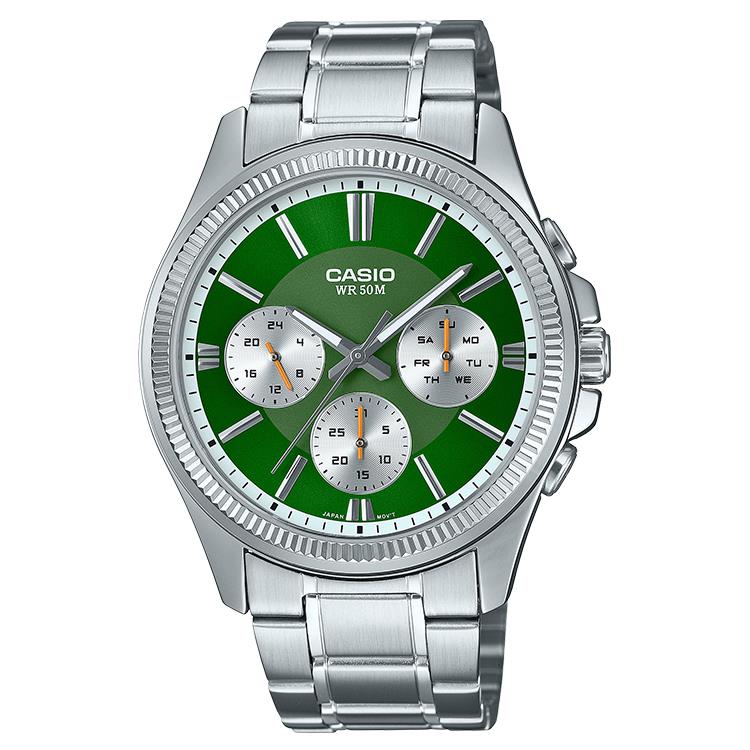Casio chrono staal band en kast groen plaat