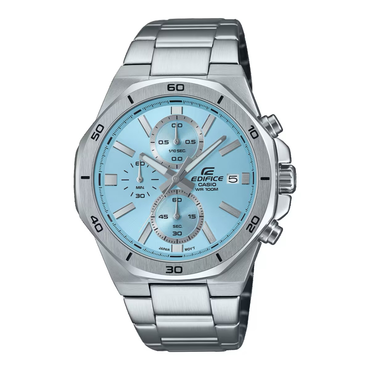 Casio horloge met stalen band chrono lichtblauwe plaat 
