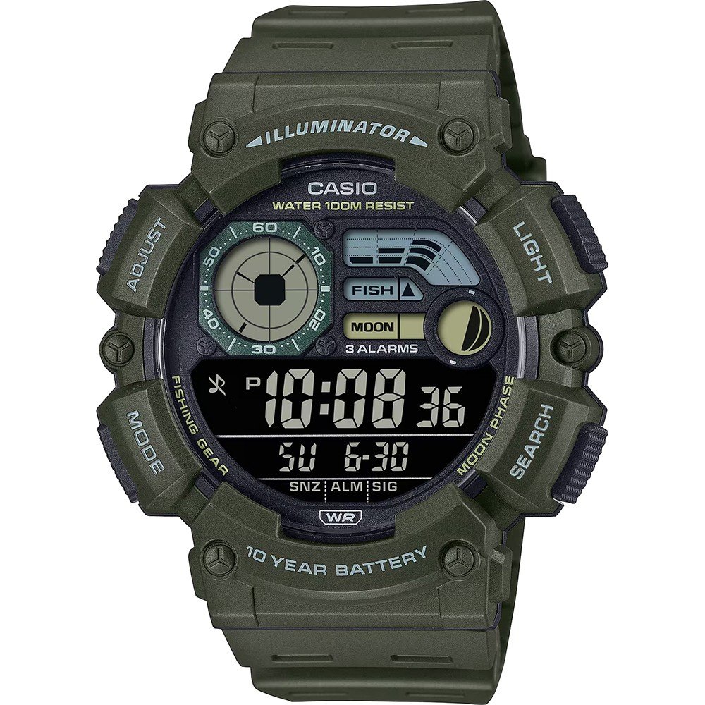 Dit horloge is zowel stijlvol als praktisch en is een stoere uitvoering van een multifunctioneel digitaal horloge. Het heeft een behoorlijke afmeting en is hierdoor gemakkelijk af te lezen. Dit horloge heeft een batterij die 10 jaar meegaat, waterbestendig is tot 10 bar, hij beschikt over ledverlichting en een dubbele tijdweergave, zodat hij altijd klaar is voor gebruik. De maanfase en de indicator voor het visniveau bieden precies wat je nodig hebt als je op het water bent.
