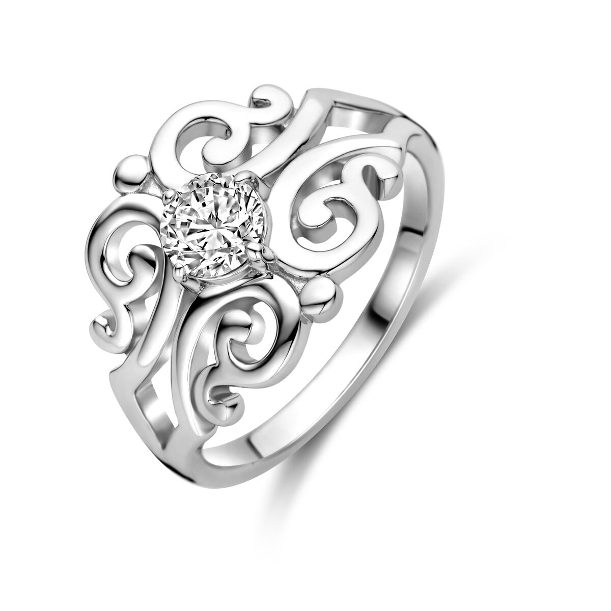 Gerhodineerd Sterling Zilveren ring in een filigrain uitvoering en met een zirkonia in het midden.