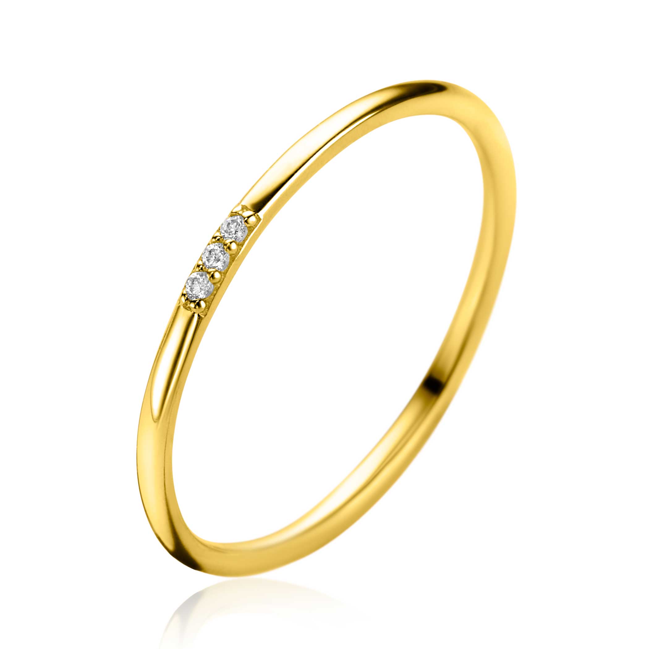 ZINZI Gold 14 karaat gouden aanschuifring bezet met drie witte zirkonia's. Gemakkelijk te combineren met andere ZINZI Gold ringen. Vervaardigd van geheel 14 karaat goud (585).