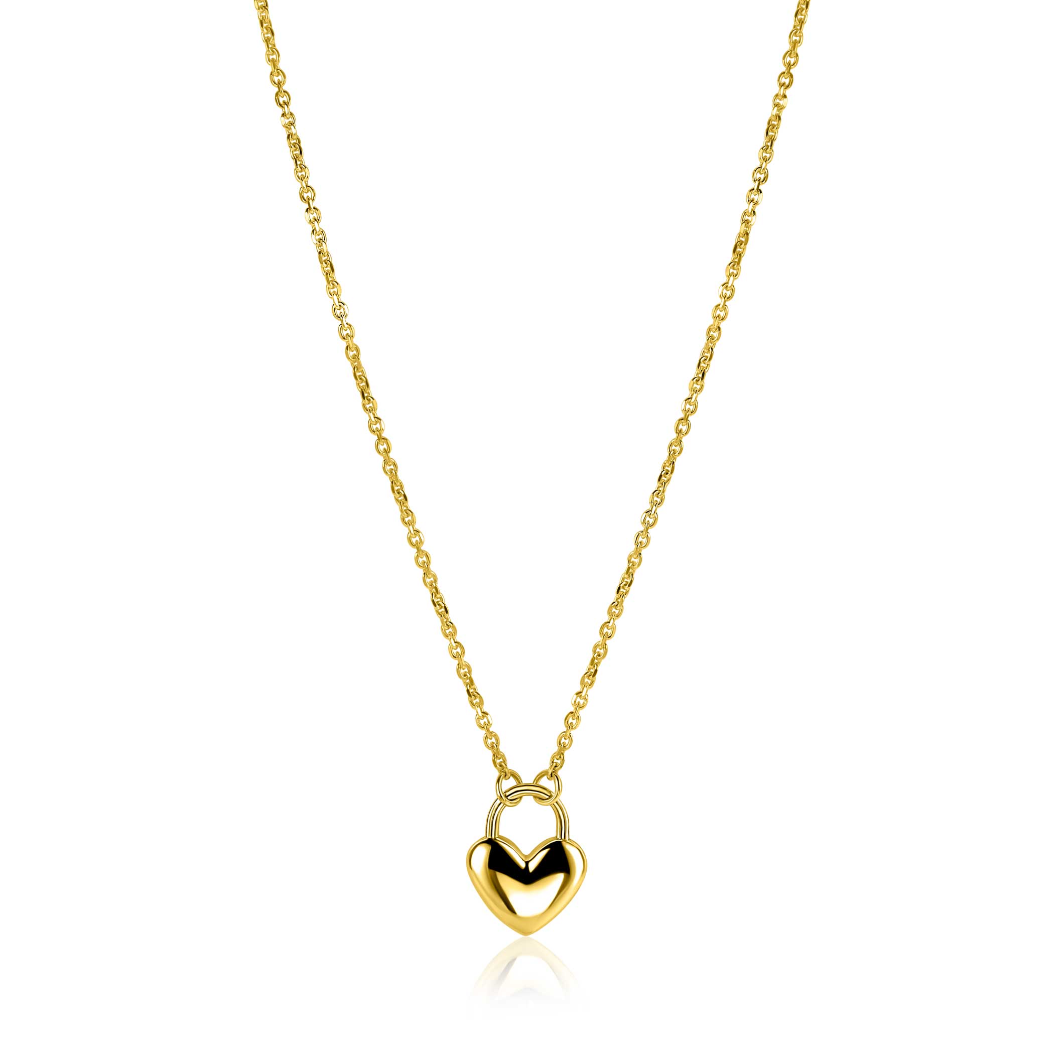 ZINZI gold plated zilveren schakelketting met een hartvormige slot hanger in het midden. Het gladde hart is 18mm breed. Maak je look helemaal compleet met de bijpassende armband. De lengte van de ketting is te variëren tussen de 42 cm en 45 cm. De ketting is vervaardigd van eerste gehalte zilver (925) en voorzien van een extra rodiumlaag voor een langdurige glans.