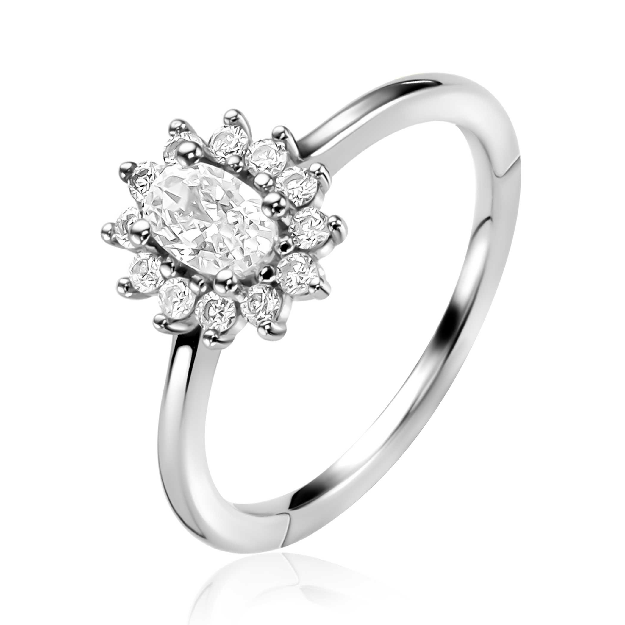 ZINZI zilveren entourage verlovingsring met een grote ovale witte zirkonia (11mm) in het midden. Leuk detail: het kleine hartje aan de zijkant van de zetting. Vervaardigd van eerste gehalte zilver (925) en met extra rodiumlaag voor een langdurige glans.