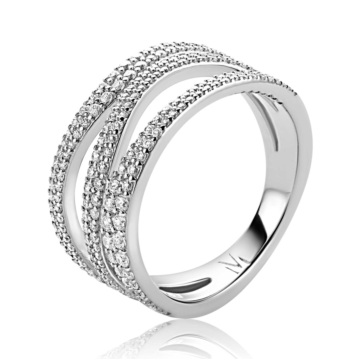 ZINZI zilveren brede multi-look ring van 11,5mm breed, organische gevormd en bezet met witte zirkonia's. Exclusief ontworpen door mode-ontwerper Mart Visser. Deze zilveren ring draagt herkenbaar de signatuur van Mart Visser. Vervaardigd van eerste gehalte zilver (925) en met extra rodiumlaag voor een langdurige glans.