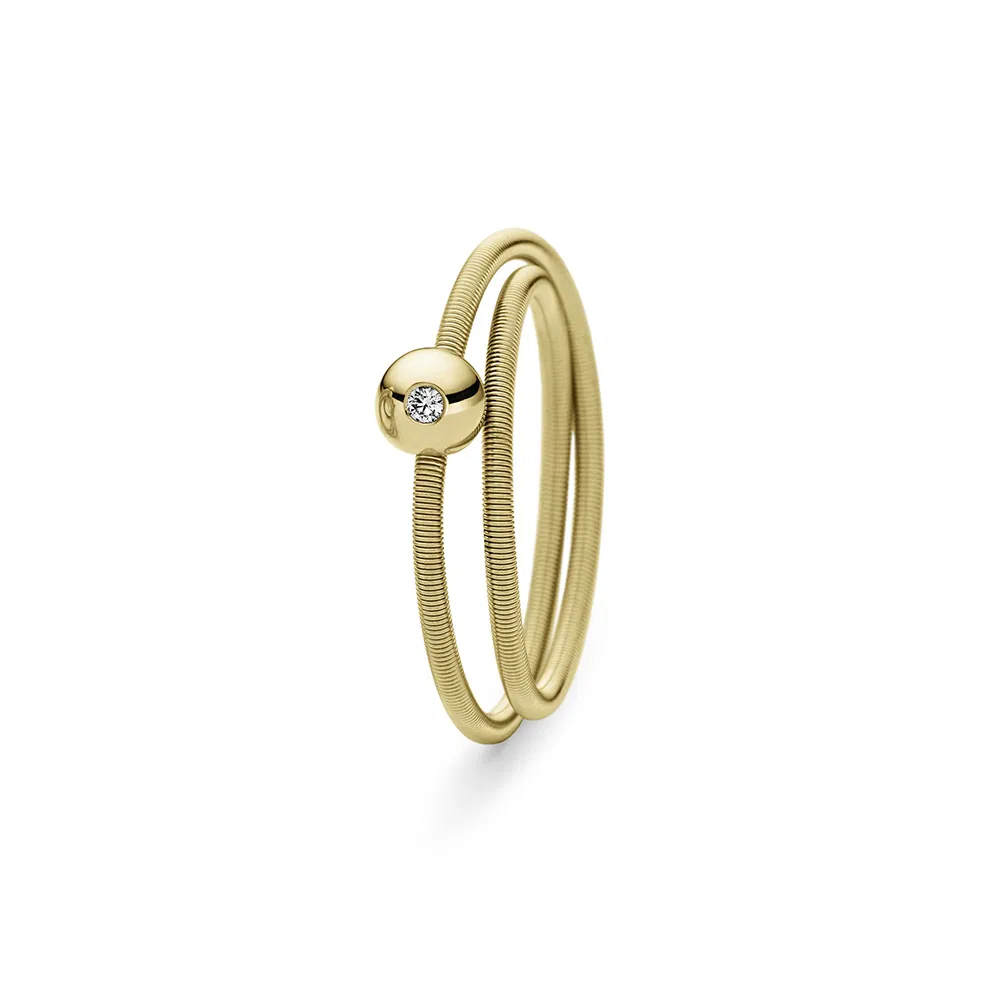 Een 18 krt geelgouden ring Niessing model Colette 2 wikkeling met 1 diamant briljant geslepen 0.02 crt. TW VS.