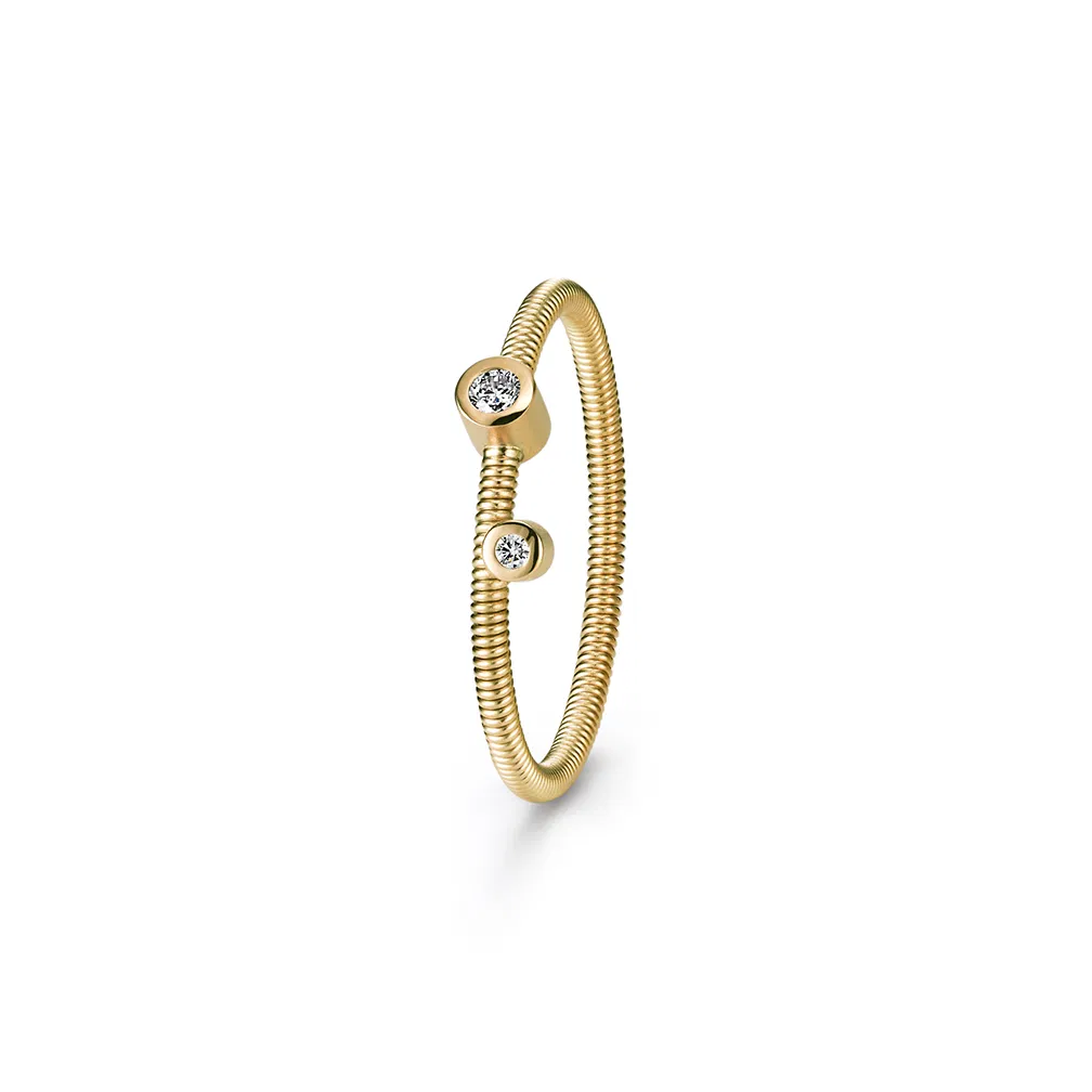 een 18 krt geelgouden ring Niessing model Artist met 2 diamantjes briljant geslepen totaal 0.05 crt.tw vs.