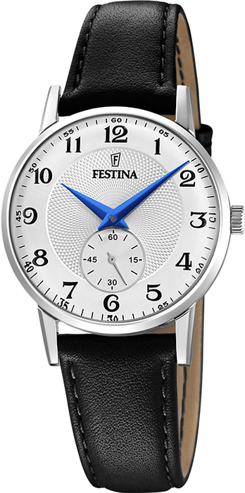 De Festina F20570/1 is een prachtig analoog horloge met een quartz uurwerk, perfect voor wie op zoek is naar een stijlvol en betrouwbaar horloge. Met een diameter van 29 mm en een hoogte van 9 mm heeft dit horloge een elegante en subtiele uitstraling die perfect is voor zowel formele als informele gelegenheden.

De ronde zilverkleurige behuizing van roestvrij staal geeft dit horloge een tijdloze uitstraling die perfect past bij elke outfit. De witte wijzerplaat en het mineraalglas zorgen voor een duidelijke en gemakkelijk afleesbare tijdaanduiding.

De zwarte lederen band zorgt voor een comfortabele pasvorm en een klassieke uitstraling die perfect past bij de rest van het horloge. De Festina F20570/1 heeft ook een handige datumweergave en is waterdicht tot 3 bar, wat betekent dat het horloge spatwaterdicht is en dus perfect is voor dagelijks gebruik.

De gespsluiting zorgt ervoor dat dit horloge veilig om je pols blijft zitten, terwijl het Festina-merk staat voor kwaliteit en vakmanschap. Als officieel verkooppunt van Festina kunnen wij garanderen dat dit horloge van de hoogste kwaliteit is en jarenlang meegaat.

Kortom, de Festina F20570/1 is een prachtig horloge dat perfect is voor wie op zoek is naar een stijlvol en betrouwbaar accessoire. Met zijn elegante design en hoogwaardige materialen is dit horloge een must-have voor elke horlogeliefhebber. Koop hem vandaag nog en voeg een vleugje klasse toe aan je outfit!