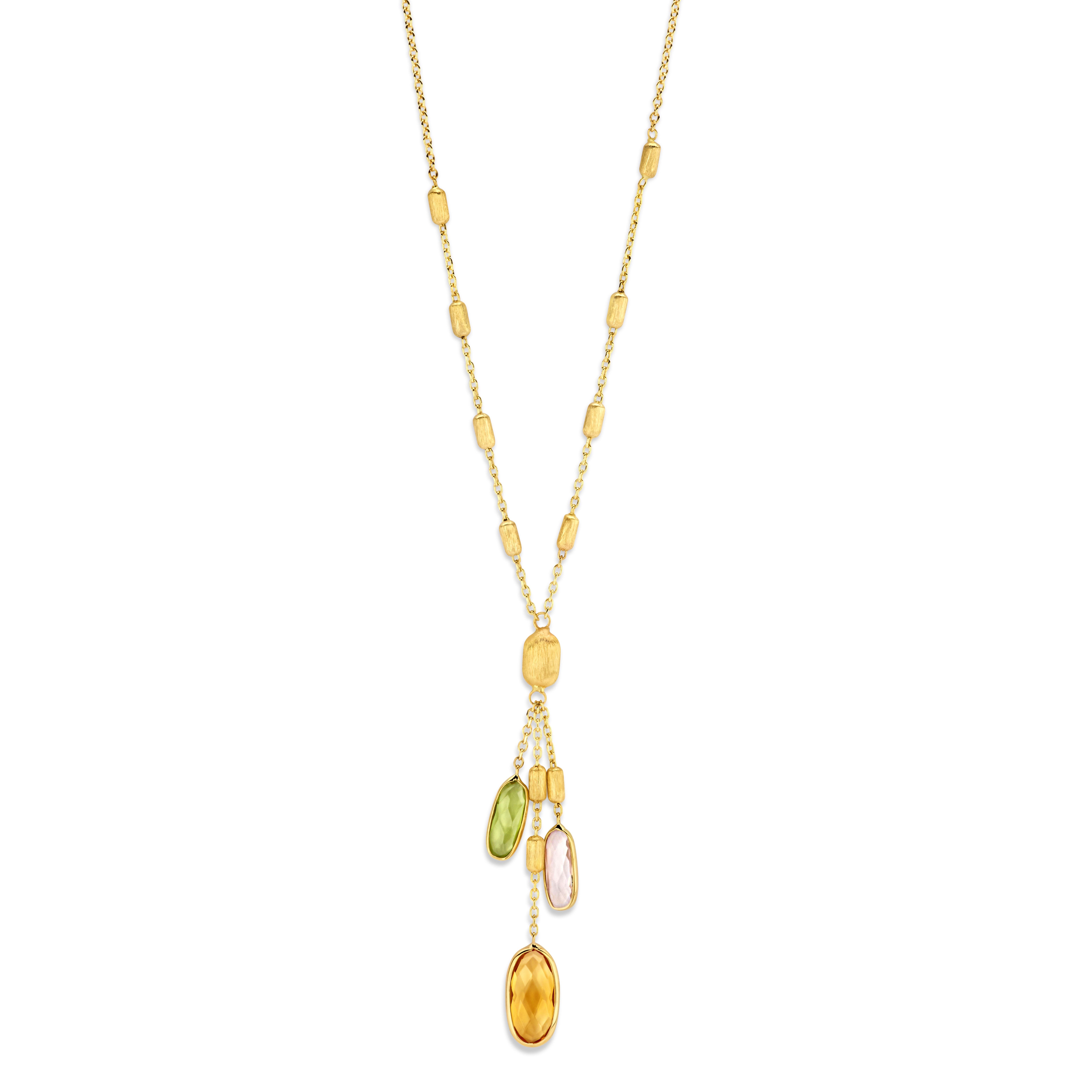 18 karaat geel gouden ketting met citrien, peridoot en roze kwarts