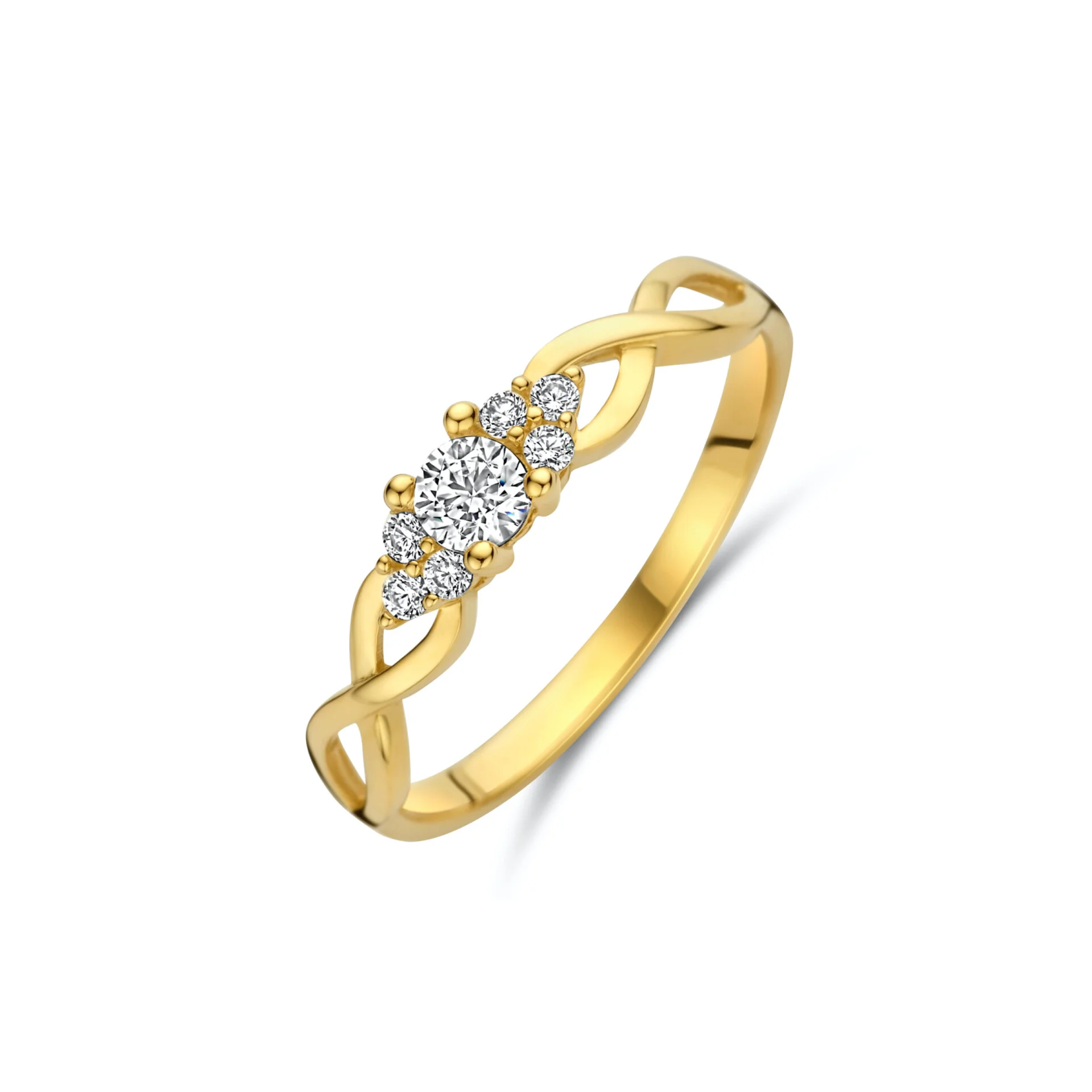 14 karaat geel gouden ring met 6 kleine en 1 grote zirkonia stenen