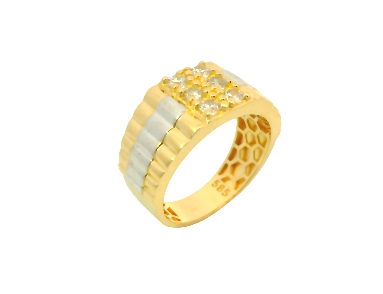 Deze prachtige herenring is gemaakt van 14 karaat bicolor goud en versierd met schitterende zirkonia stenen. De ring heeft een tijdloos design dat perfect past bij elke outfit en gelegenheid. Draag deze ring alleen of combineer hem met andere gouden sieraden voor een stijlvolle look. Een echte eye-catcher voor de moderne man!
De ring is verkrijgbaar in meerdere afmetingen.