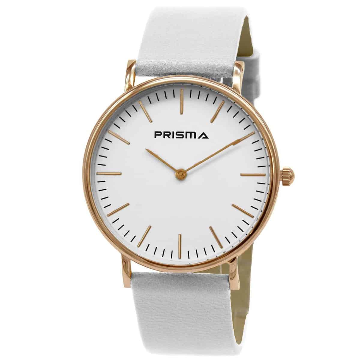Prisma horloge van edelstaal
- Kast maat: 40 mm
- Kast dikte: 7.7 mm
- Kast materiaal: Ros&#233;goudkleurig edelstaal (PVD)
- Uurwerk type: Miyota 2025
- Glas type;  Mineraal Crystal
- Waterdichtheid: 5 ATM
- Horlogeband: Wit lederen band met stainless steel gespsluiting
- Maat aansluiting band: 20mm
- Wijzerplaat; Wit met ros&#233;goudkleurig aanduidingen
- Licht functie: Nee
EAN: 8716667163034