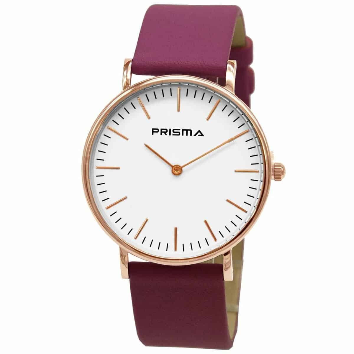 Prisma horloge van edelstaal
- Kast maat: 40 mm
- Kast dikte: 7.7 mm
- Kast materiaal: Ros&#233;goudkleurig edelstaal (PVD)
- Uurwerk type: Miyota 2025
- Glas type;  Mineraal Crystal
- Waterdichtheid: 5 ATM
- Horlogeband: Roze lederen band met stainless steel gespsluiting
- Maat aansluiting band: 20mm
- Wijzerplaat; Wit met ros&#233;goudkleurig aanduidingen
- Licht functie: Nee
EAN: 8716667163065