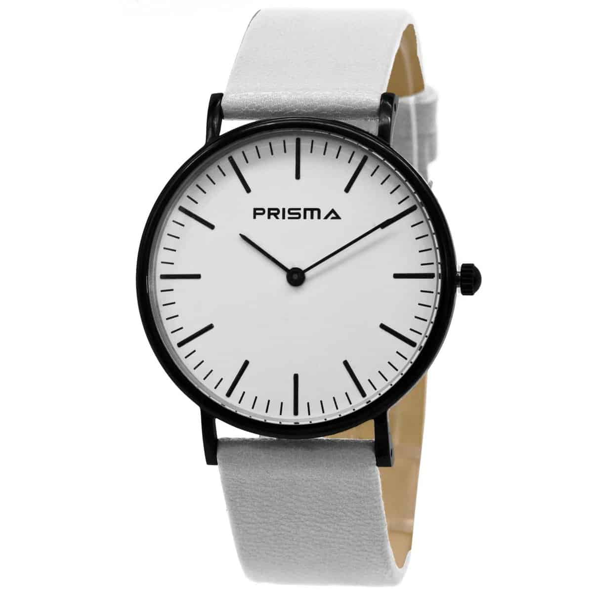 Prisma horloge van edelstaal
- Kast maat: 40 mm
- Kast dikte: 7.7 mm
- Kast materiaal: Zwart edelstaal (PVD)
- Uurwerk type: Miyota 2025
- Glas type;  Mineraal Crystal
- Waterdichtheid: 5 ATM
- Horlogeband: Wit lederen band met stainless steel gespsluiting
- Maat aansluiting band: 20mm
- Wijzerplaat; Wit met zwarte aanduidingen
- Licht functie: Nee
EAN:8716667163133