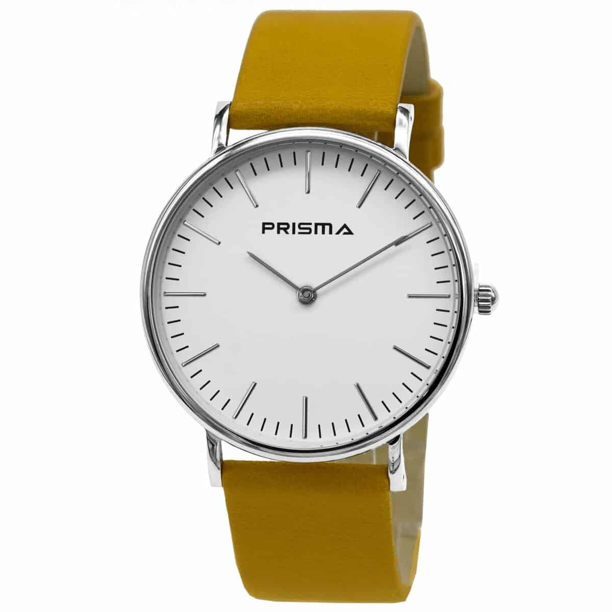 Prisma horloge van edelstaal.
- Kast maat: 40 mm
- Kast dikte: 7.7 mm
- Kast materiaal: Zilverkleurig edelstaal (PVD)
- Uurwerk type: Miyota 2025
- Glas type;  Mineraal Crystal
- Waterdichtheid: 5 ATM
- Horlogeband: Geel lederen band met stainless steel gespsluiting
- Maat aansluiting band: 20mm
- Wijzerplaat; Wit met zilveren aanduidingen
- Licht functie: Nee
EAN: 8716667163294