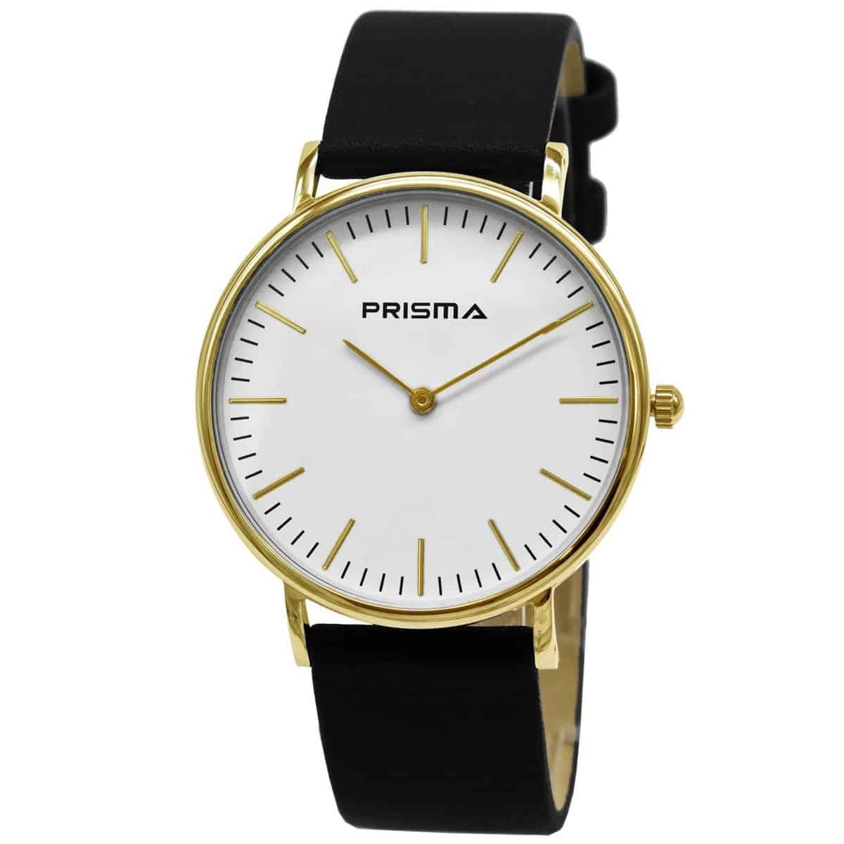 Prisma Note  P.1620 Horloge van edelstaal
- Kast maat: 40 mm
- Kast dikte: 7.7 mm
- Kast materiaal: Goudkleurig edelstaal (PVD)
- Uurwerk type: Miyota 2025
- Glas type;  Mineraal Crystal
- Waterdichtheid: 5 ATM
- Horlogeband: Zwart lederen band met stainless steel gespsluiting
- Maat aansluiting band: 20mm
- Wijzerplaat; Wit met Goudkleurige aanduidingen
- Licht functie: Nee
EAN: 8716667162914