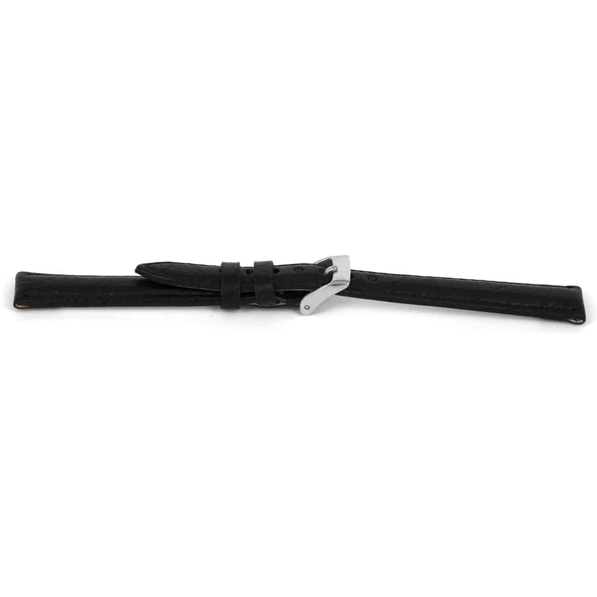 Zwart lederen horlogeband licht gevuld met zilverkleurig edelstalen gesp.
Kleur band: Zwart
Band dikte: 3.8mm
Band lengte: 65/105mm (extra smal)
Band breedte: 12x10mm
Gesp: Stainless steel
Bekleding binnenband: Nubuck
Gestikt: Ja, dezelfde kleur als de band. 
Pushpin: Exclusief
Hypo allergisch: Ja
EAN: 8716667160866