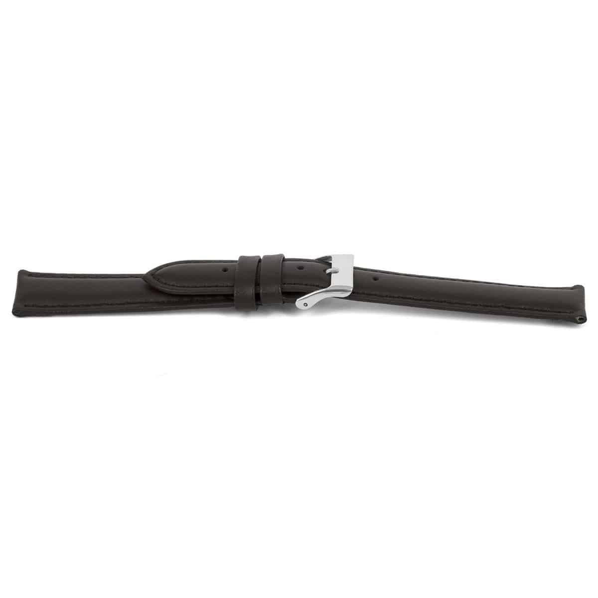 lederen horlogeband licht gevuld met zilverkleurig edelstalen gesp.
Kleur band: Donker bruin
Band dikte: 4.1mm
Band lengte: 75/115mm
Band breedte: 14x12mm
Gesp: Edelstaal
Bekleding binnenband: Beige leder
Gestikt: Ja, dezelfde kleur als de band. 
Pushpin: Exclusief
Hypo allergisch: Ja
EAN: 4780263036140