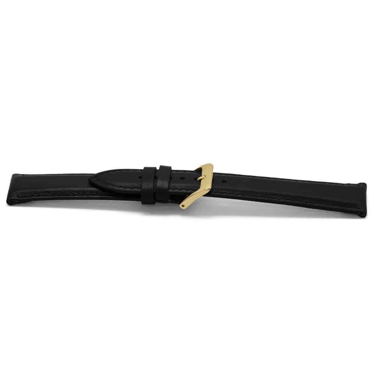Zwart lederen horlogeband licht gevuld met goudkleurig edelstalen gesp.
Kleur band: Zwart
Band dikte: 3.9mm
Band lengte: 70/105mm
Band breedte: 14x12mm
Gesp: Edelstaal IPG
Bekleding binnenband: Nubuck
Gestikt: Ja, dezelfde kleur als de band.Pushpin: Exclusief
Hypo allergisch: Ja
EAN: 8716667160873