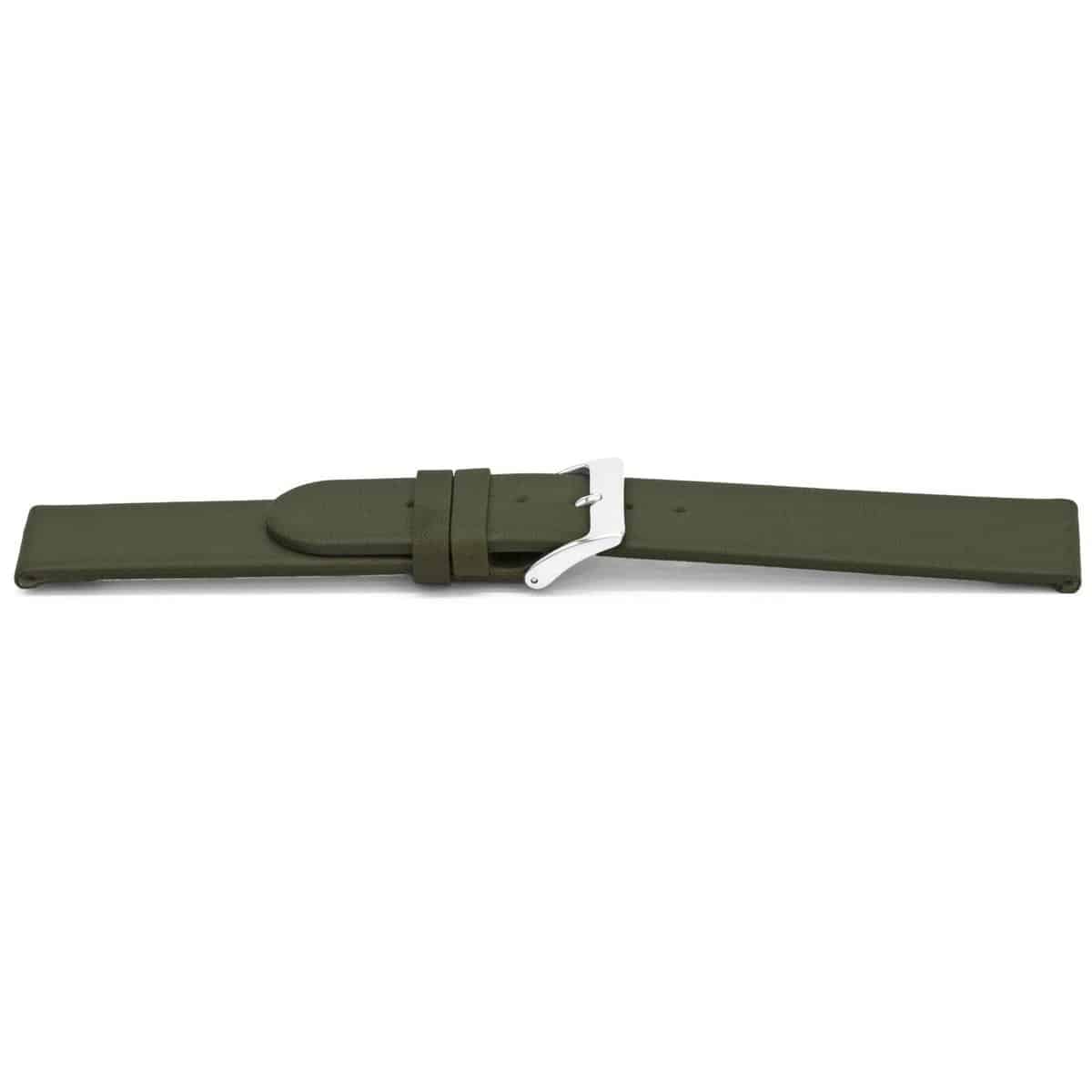 Donker groen lederen horlogeband met zilverkleurig edelstalen gesp.
Kleur band: Donker groen
Band dikte: 2.5mm 
Band lengte: 75/115mm
Band breedte: 14x14 mm
Gesp: Stainless steel
Bekleding binnenband: Nubuck
Gestikt: Nee
Pushpin: ExclusiefHypo allergisch: Ja
NFC Chip: Ja
EAN: 4780263861148
