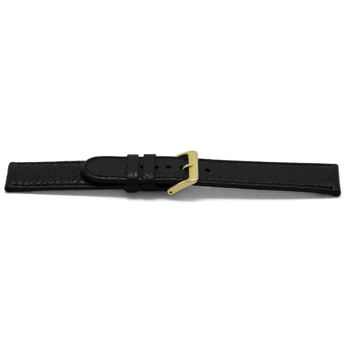 Zwart lederen horlogeband met goudkleurig edelstalen gesp.
Kleur band: Zwart
Band dikte: 2.5mm
Band lengte: 75/115mm
Band breedte: 16x16mm
Gesp: Edelstaal IPG
Bekleding binnenband: Nubuck
Gestikt: Ja, dezelfde kleur als de band. 
Pushpin: Exclusief
Hypo allergisch: Ja
EAN: 8716667161597