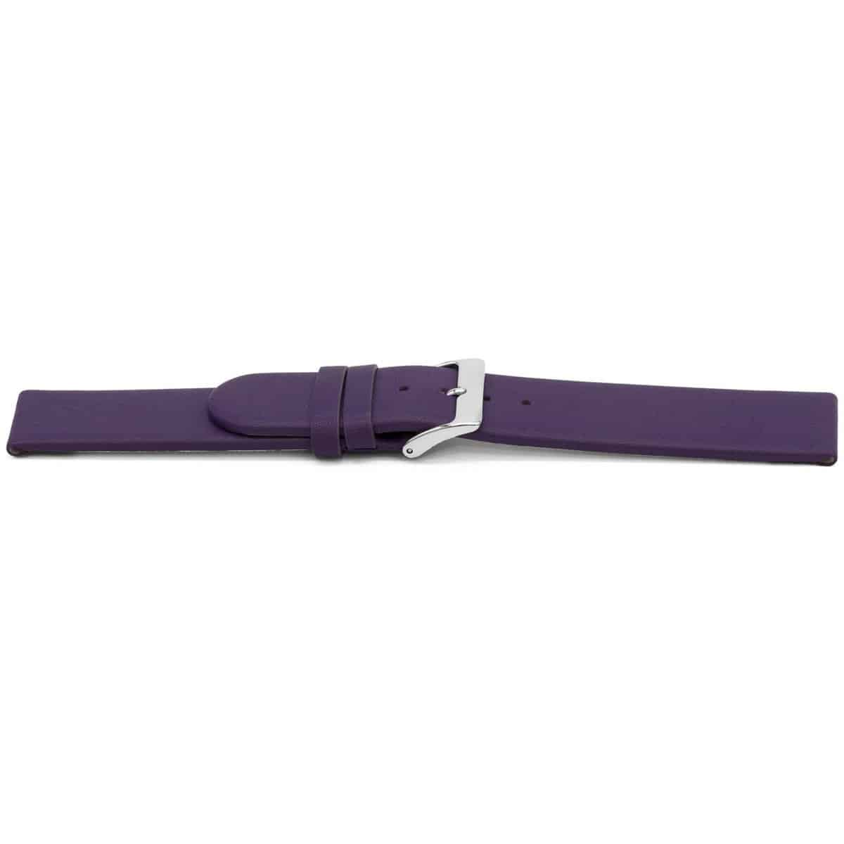 Paars lederen horlogeband met zilverkleurig edelstalen gesp.
Kleur band: Paars
Band dikte: 2.5mm 
Band lengte: 75/115mm
Band breedte: 16x16 mm
Gesp: Stainless steel
Bekleding binnenband: Nubuck
Gestikt: Nee
Pushpin: Exclusief
Hypo allergisch: Ja
NFC Chip: Ja
EAN: 4780263801168