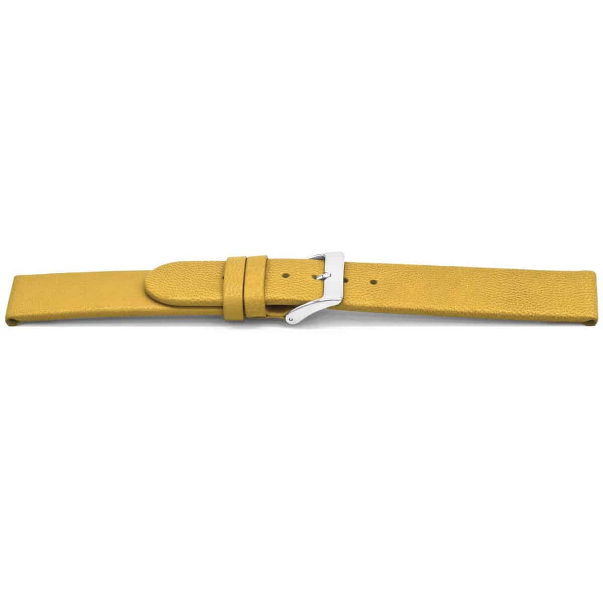 Geel lederen horlogeband met zilverkleurig edelstalen gesp.
Kleur band: Geel
Band dikte: 2.5mm 
Band lengte: 75/115mm
Band breedte: 16x16 mm
Gesp: Stainless steel
Bekleding binnenband: Nubuck
Gestikt: Nee
Pushpin: Exclusief
Hypo allergisch:Ja
NFC Chip: Ja
EAN: 4780263842161