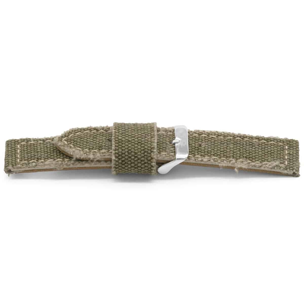 Groen jeans horlogeband van katoen met lederen lining met edelstalen gesp.
Kleur band: Groen
Band dikte: 4.1mm 
Band lengte: 65/105 mm
Band breedte: 16x16 mm
Gesp: Edelstaal
Bekleding binnenband: Hoogwaardig bruin leder
Gestikt: Ja, Beige
Pushpin: Exclusief
Hypo allergisch: Nee
NFC Chip: Ja
EAN: 4780263863166