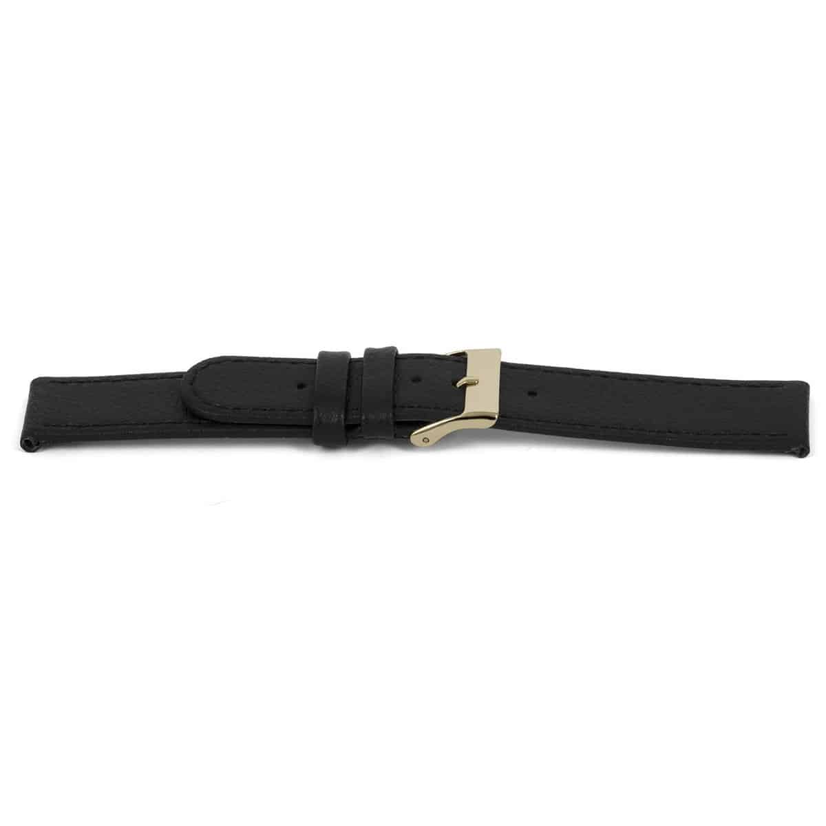 Zwart lederen horlogeband met goudkleurig edelstaal gesp.
Kleur band: Zwart
Band dikte: 2.5mm
Band lengte: 75/115mm
Band breedte: 18x18mm
Gesp: Edelstaal IPG
Bekleding binnenband: Nubuck
Gestikt: Ja, dezelfde kleur als de band. 
Pushpin: Exclusief
Hypo allergisch: Ja
EAN: 8716667161610
