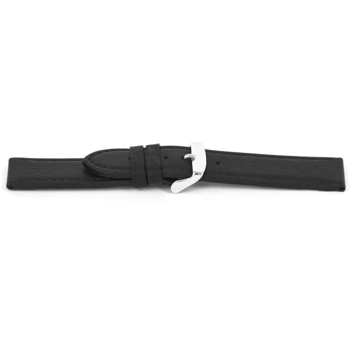 Zwarte olie kalfslederen horlogeband waterproof met zilverkleurig edelstalen gesp.
Kleur band: zwart
Band dikte: 3.6mm 
Band lengte: 75/115mm
Band breedte: 18x18mm
Gesp: Edelstaal
Bekleding binnenband: Nubuck
Gestikt: Ja dezelfde kleur als band
Pushpin: Exclusief
Hypo allergisch: Ja
Quickswitch
EAN: 4782863139184