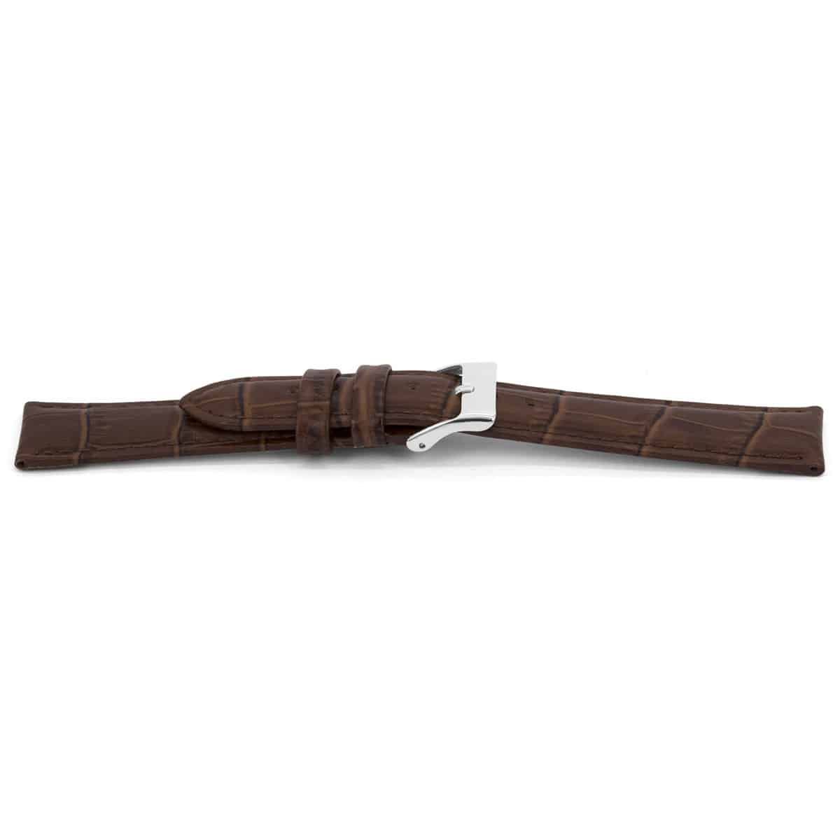 Bruin lederen horlogeband met zilverkleurig edelstalen gesp.
Kleur band: Bruin
Band dikte: 4.0mm
Band lengte: 75/115mm
Band breedte: 18x16mm
Gesp: Stainless steel
Bekleding binnenband: Nubuck
Gestikt: Ja, dezelfde kleur als de band. 
Pushpin: Exclusief
Hypo allergisch: Ja
EAN; 8716667161368