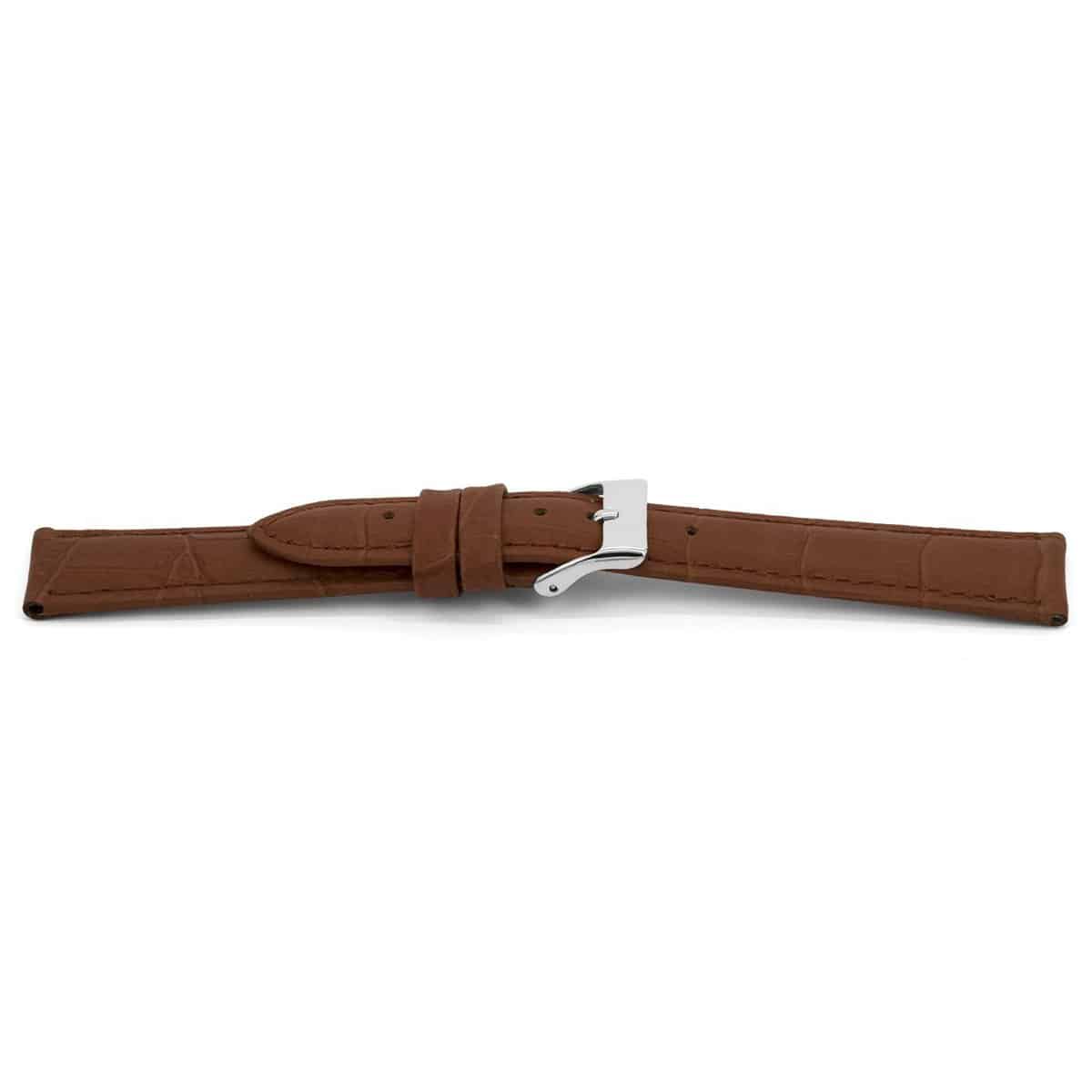Bruin lederen horlogeband met zilverkleurig stainless steel gesp.
Kleur band: Bruin
Band dikte: 3.6mm
Band lengte: 75/115mm
Band breedte: 18x16mm
Gesp: Stainless steel
Bekleding binnenband: Nubuck
Gestikt: Ja, dezelfde kleur als de band. 
Pushpin: Exclusief
Hypo allergisch: Ja
EAN; 8716667161269