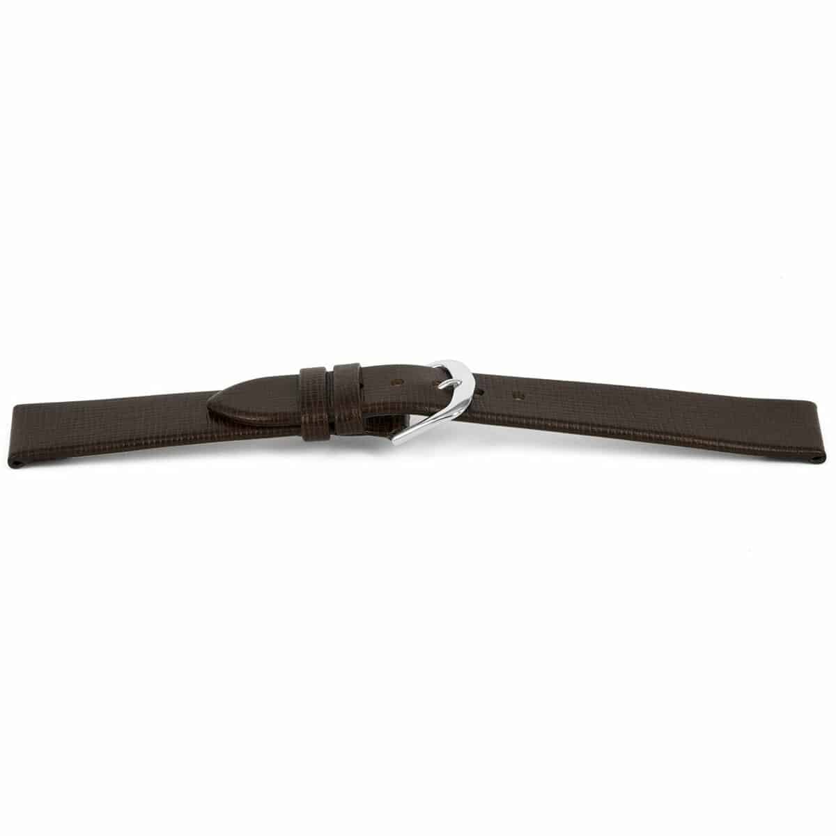 Hoogwaardig Italiaans leder en plantaardige gelooide horlogeband bruin, bewerkt en ongestikt. 
Kleur band: Donker bruin
Band dikte: 2.2mm
Band lengte: 75/115mm
Band breedte: 18x16mm
Gesp: Edelstaal
Bekleding binnenband: Nubuck
Gestikt: Nee
Pushpin: Exclusief
Hypo allergisch: Nee
NFC Chip: Nee
EAN: 4780263454180

Plantaardig gelooid leer: 
Vegetable tanned is het plantaardig looien en het zuiveren van de huiden op een natuurlijke manier, dus zonder schadelijke chemicali&#235;n te gebruiken. Het proces wordt toegepast om de huid te stabiliseren.Plantaardig gelooid leer is een heel duurzaam product. Het is biologisch afbreekbaar en vormt geen gevaar voor mens en natuur.