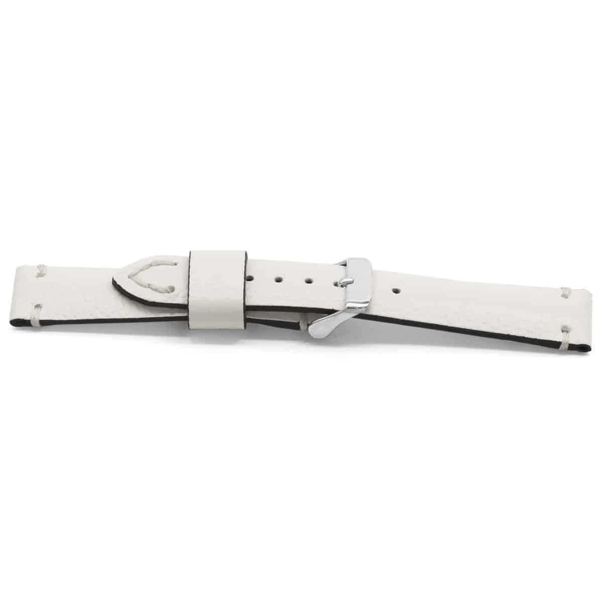 Wit lederen horlogeband met wit lederen lining en edelstalen gesp.
Kleur band: Wit
Band dikte: 4.5 - 2.0mm 
Band lengte: 65/105 mm
Band breedte: 18x16 mm
Gesp: Edelstaal
Bekleding binnenband: Hoogwaardig wit leder
Gestikt: Ja, wit
Pushpin: Exclusief
Hypo allergisch: Nee
NFC Chip: Ja
EAN: 4780263512187