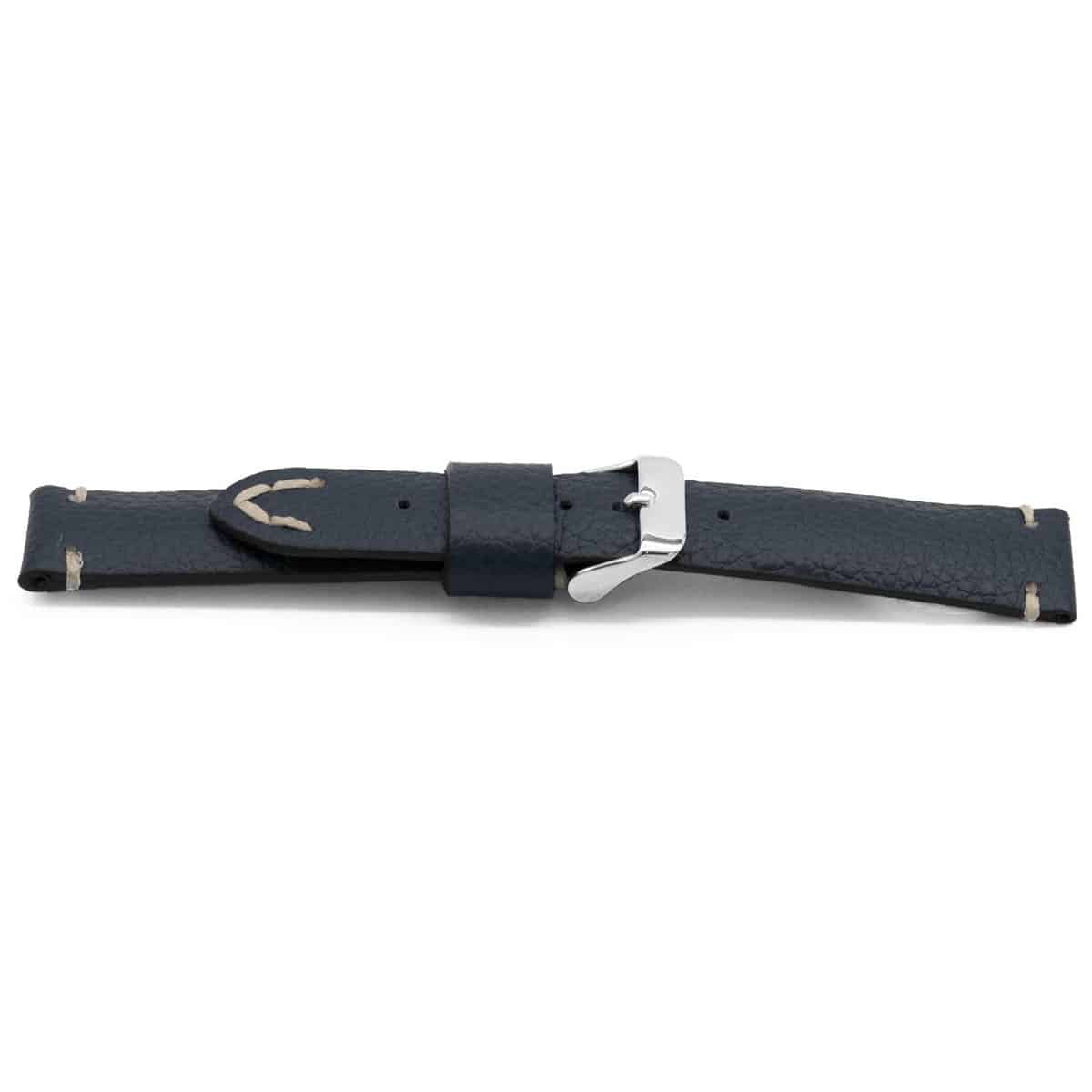 Blauw lederen horlogeband met zwart lederen lining en edelstalen gesp.
Kleur band: Blauw
Band dikte: 4.5 - 2.0mm 
Band lengte: 65/105 mm XS
Band breedte: 18x16 mm
Gesp: Edelstaal
Bekleding binnenband: Hoogwaardig zwart leder
Gestikt: Ja, witPushpin: Exclusief
Hypo allergisch: Nee
NFC Chip: Ja
EAN: 4780263612184