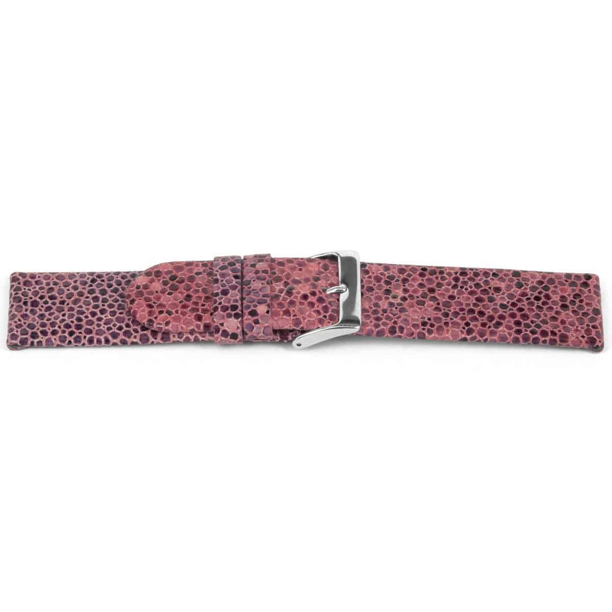 Roze lederen horlogeband met zilverkleurig edelstalen gesp.
Kleur band: Roze/rubino
Band dikte: 2.2mm 
Band lengte: 65/105mm
Band breedte: 18x18mm
Gesp: Stainless steel
Bekleding binnenband: Nubuck
Gestikt: Nee
Pushpin: Exclusief
Hypo allergisch: Ja
NFC Chip: Nee
EAN: 4780263736187