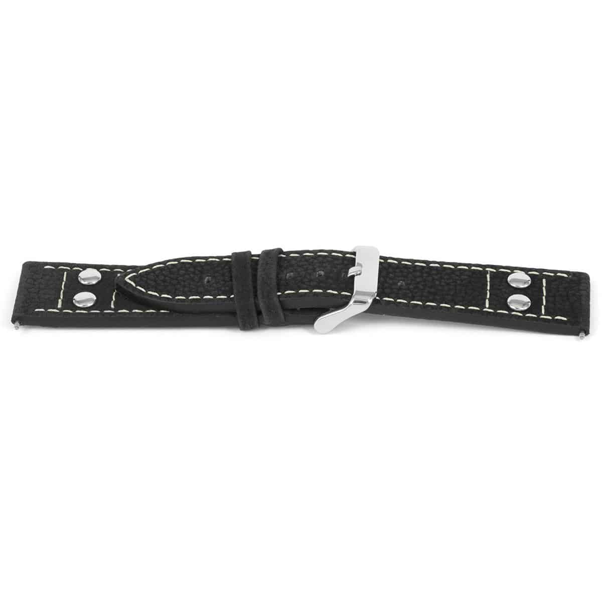 Italiaans lederen horlogeband zwart K469/WPN30, nubuck en gestikt met stuts.
Kleur band: Zwart
Band dikte: 3.8mm
Band lengte: 80/120mm
Band breedte: 20x18mm
Gesp: Edelstaal 
Bekleding binnenband: Nubuck
Gestikt: Ja Beige
Pushpin: InclusiefWaterproef: Nee
NFC Chip: Nee
Hypo-allergeen: Ja
EAN: 4782586361053