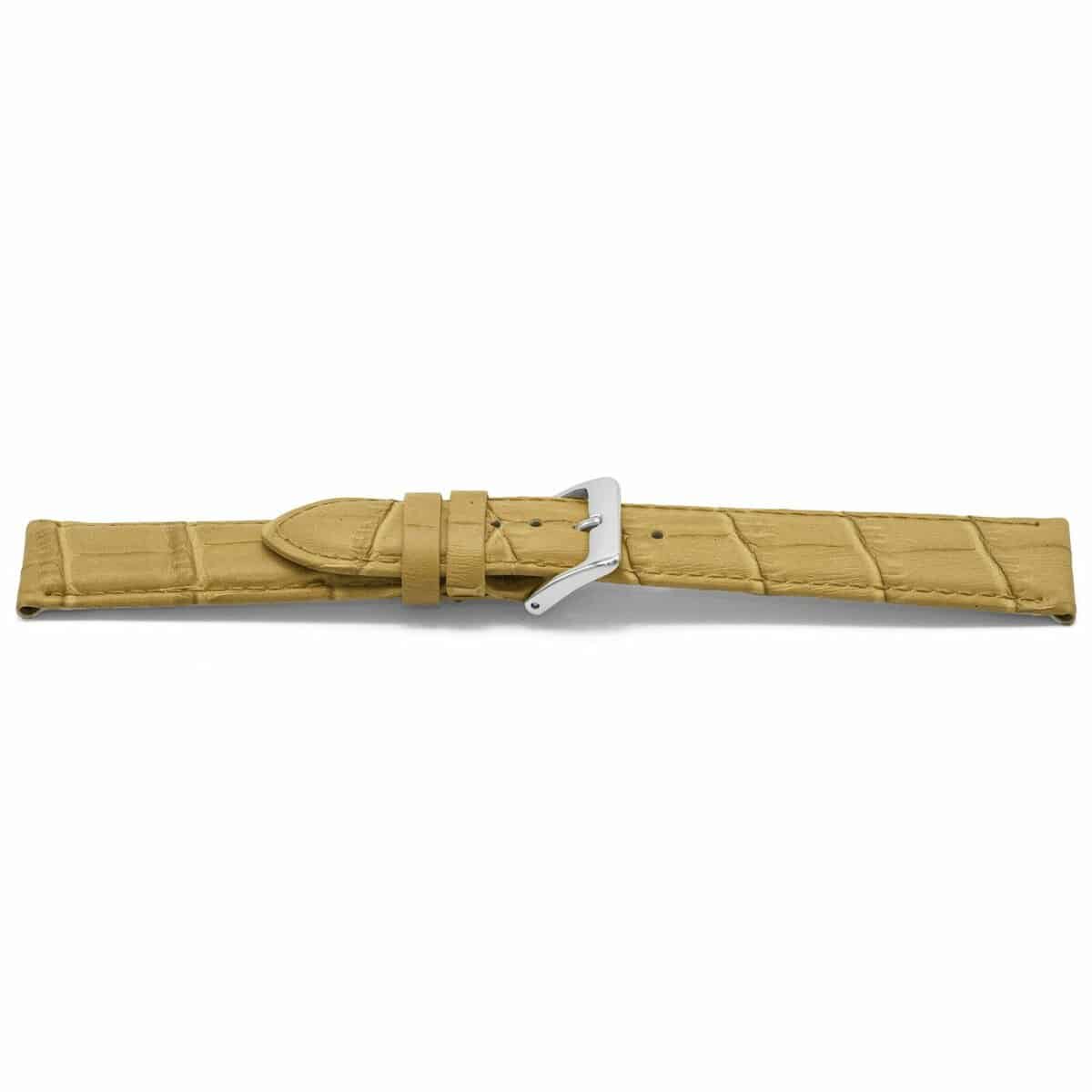 Beige lederen horlogeband met zilverkleurig edelstalen gesp.
Kleur band: Beige
Band dikte: 3.8mm
Band lengte: 75/115mm
Band breedte: 20x18mm
Gesp: Stainless steel
Bekleding binnenband: Nubuck
Gestikt: Ja, dezelfde kleur als de band. 
Pushpin: Exclusief
Hypo allergisch: Ja