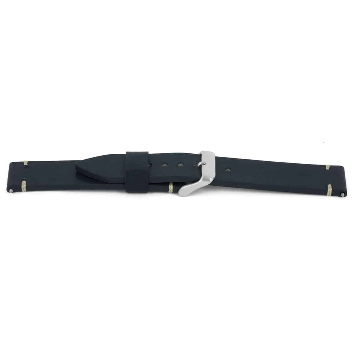 Lederen horlogeband met beige stiksel. 
Kleur band: Blauw
Band dikte: 3.0mm
Band lengte: 80/120mm
Band breedte: 20x20mm
Gesp: Edelstaal
Bekleding binnenband: Nubuck
Gestikt: Ja Beige
Waterproef: nee
Pushpin: Inclusief
Hypo allergisch: JaNFC: Nee
EAN: 4782863640208