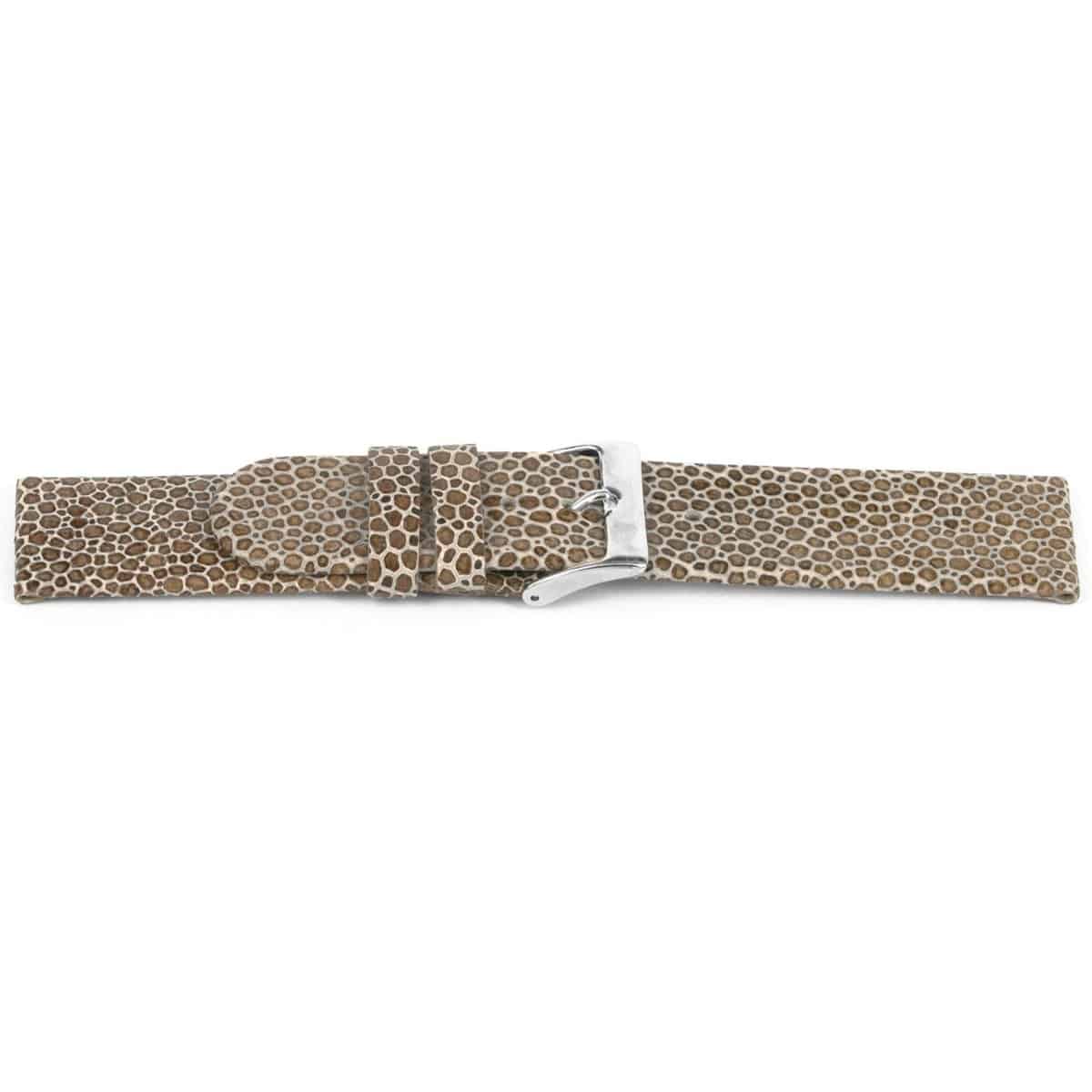 Beige/bruin lederen horlogeband met zilverkleurig edelstalen gesp.
Kleur band: Beige/bruin
Band dikte: 2.2mm 
Band lengte: 65/105mm
Band breedte: 20x20mm
Gesp: Stainless steel
Bekleding binnenband: Nubuck
Gestikt: Nee
Pushpin: Exclusief
Hypo allergisch: Ja
NFC Chip: Ja
EAN: 4780263856205