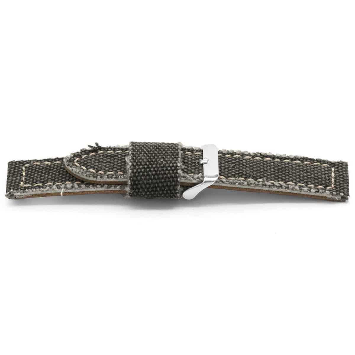 Grijs jeans horlogeband van katoen met lederen lining en edelstalen gesp.
Kleur band: Grijs
Band dikte: 4.2mm 
Band lengte: 75/115 mm
Band breedte: 20x20 mm
Gesp: Edelstaal
Bekleding binnenband: Hoogwaardig bruin leder
Gestikt: Ja, Beige
Pushpin: Exclusief
Hypo allergisch: Nee
NFC Chip: Ja
EAN: 4780263880200
