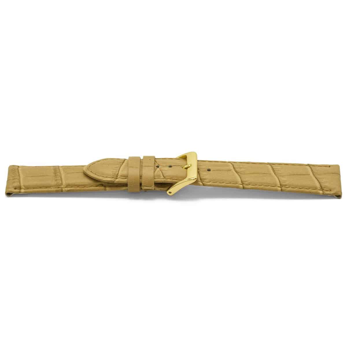 Beige lederen horlogeband met goudkleurig aluminium gesp.
Kleur band: Beige
Band dikte: 4.4mm
Band lengte: 75/115mm
Band breedte: 22x20mm
Gesp: Aluminium
Bekleding binnenband: Nubuck
Gestikt: Ja, dezelfde kleur als de band. 
Pushpin: Exclusief
Hypo allergisch: Ja